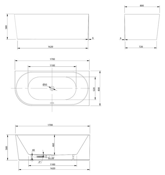 Aqualine Aqualine, cada TIBERA R pe coltar 170x80cm, alb, E1015