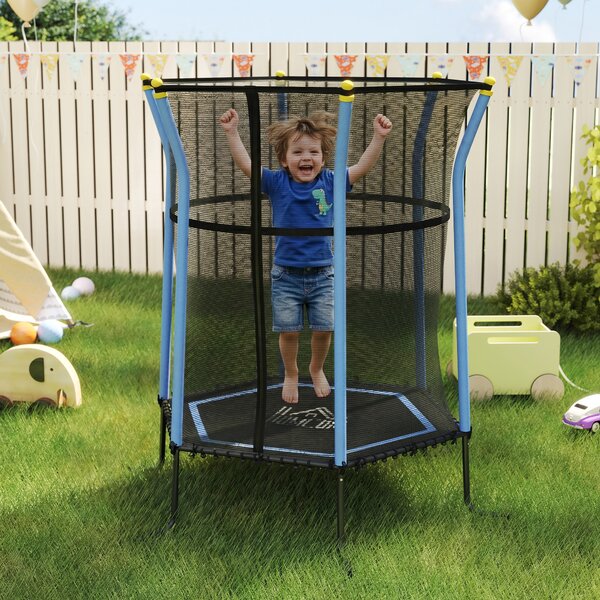 HOMCOM Trambulină Elastică pentru Copii 3-10 Ani cu Intrare cu Fermoar și Țevi Căptușite, Ø163,5x190 cm, Albastru | Aosom Romania