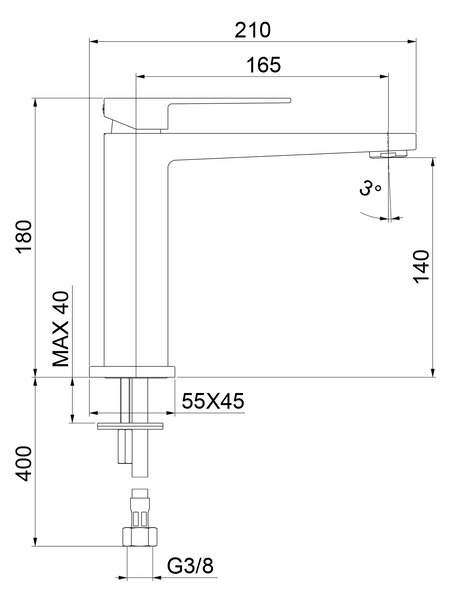 Sapho Sapho, baterie LATUS autonomă pentru chiuvetă fără priză, înălțime 180 mm, negru mat, 1102-74B