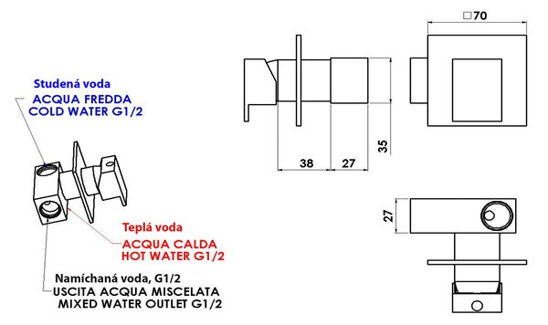 Sapho Sapho, baterie LATUS ascuns pentru dus bideu, 1 priza, crom, 1102-40