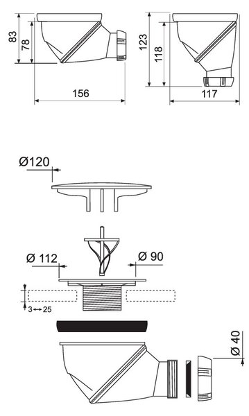 Cersanit Accesorii Cersanit, sifon pentru cadita de dus Tako, Ø 90mm, S904-006