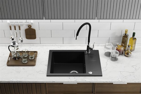 Kuchinox Shire, chiuvetă din granit cu 1 cameră cu scurgere scurtă 570x440x185 mm, negru, LAV-SBS_713Y