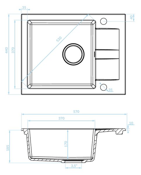 Kuchinox Shire, chiuvetă din granit cu 1 cameră cu scurgere scurtă 570x440x185 mm, bej, LAV-SBS_413Y