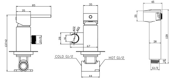 Aqualine Aqualine, Baterie de bideu ascunsă cu spray Stop, furtun 1,2 m, pătrat, crom, SK301