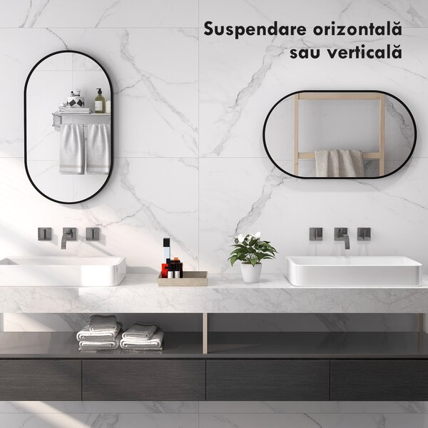 HOMCOM Oglindă Baie Ovală de Perete cu Ramă din Aluminiu, Verticală sau Orizontală, 40 x 70 cm, Negru | Aosom Romania