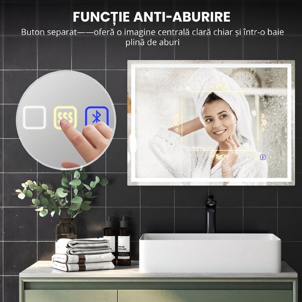 HOMCOM Oglindă Baie Anti-aburire Con Lumină Led E Difuzor Bluetooth 80x60 cm | Aosom Romania