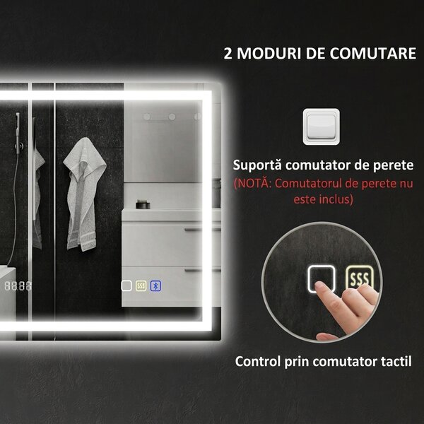 HOMCOM Oglindă Baie Anti-aburire Con Lumină Led E Difuzor Bluetooth 80x60 cm | Aosom Romania