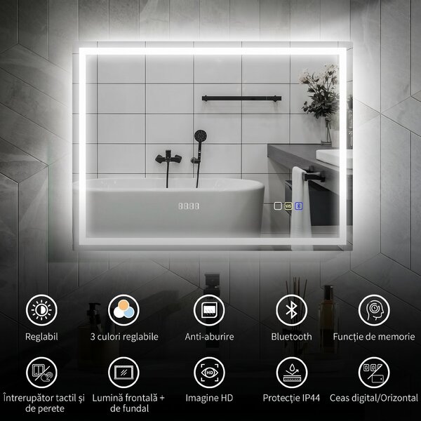 HOMCOM Oglindă Baie Anti-aburire Con Lumină Led E Difuzor Bluetooth 80x60 cm | Aosom Romania