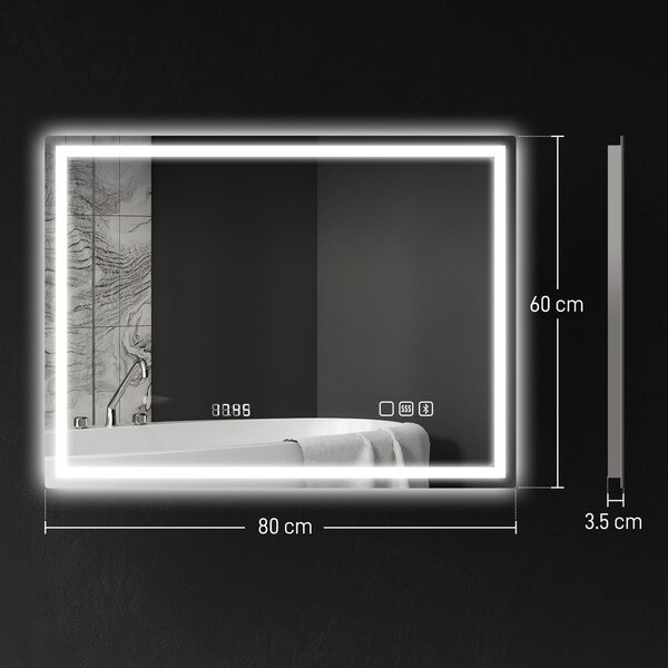 HOMCOM Oglindă Baie Anti-aburire Con Lumină Led E Difuzor Bluetooth 80x60 cm | Aosom Romania