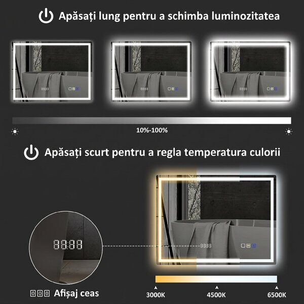 HOMCOM Oglindă Baie Anti-aburire Con Lumină Led E Difuzor Bluetooth 80x60 cm | Aosom Romania