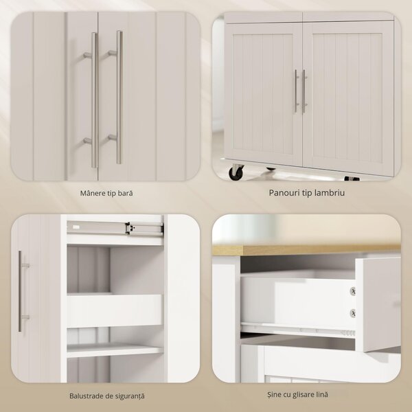 Insula de Bucătărie HOMCOM cu 5 Roți și Suport pentru Prosoape, 2 Sertare, 4 Rafturi și Dulap, din Lemn, 129x65x91 cm | Aosom Romania