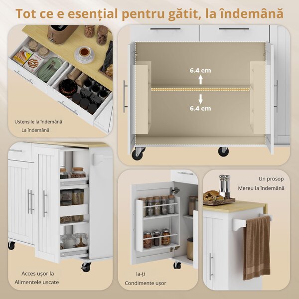 Insula de Bucătărie HOMCOM cu 5 Roți și Suport pentru Prosoape, 2 Sertare, 4 Rafturi și Dulap, din Lemn, 129x65x91 cm | Aosom Romania
