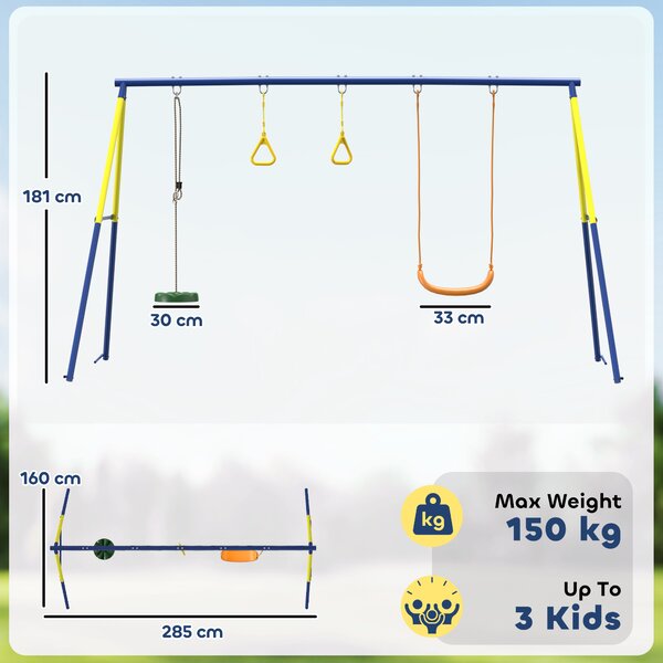 AIYAPLAY Set Leagăn de Grădină 3 în 1 pentru Copii cu Leagăn în Picioare, Inele Gimnastice, Cadru A din Oțel, Leagăne Duble pentru Copii, Capacitate 150kg, Exterior, 3-8 Ani, 285x160x181 cm | Aosom Romania