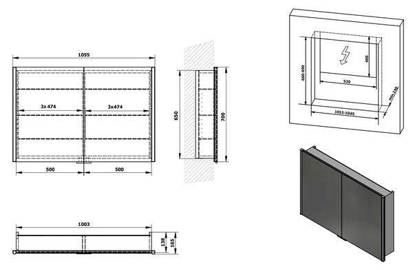 Sapho Sapho, galerie încasabilă INTEGRA cu iluminare LED, 105x70cm, IN105