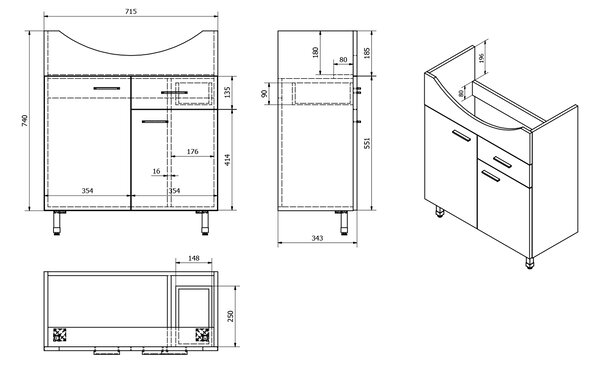 Aqualine Aqualine, dulap lavoar ZOJA 71,5x74x34cm, stejar platinat, 51175