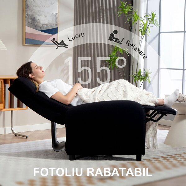HOMCOM Fotoliu Reclinabil Fino a 155° Con Suport pentru Picioare In Material Textil Negru | Aosom Romania