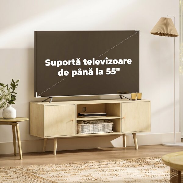 HOMCOM Comodă TV pentru Televizoare de Până la 55", cu 2 Dulapuri și 2 Rafturi, Culoare Lemn | Aosom Romania
