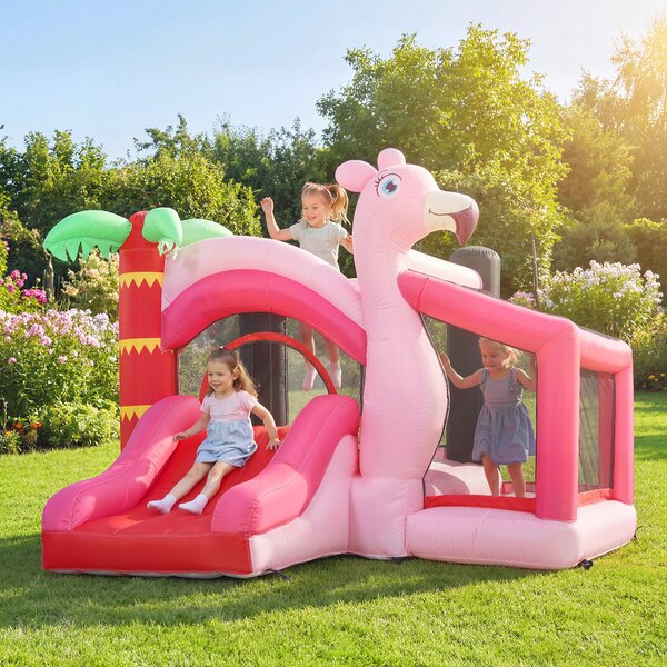 AIYAPLAY Castel Gonflabil pentru Copii 4 în 1, Tobogan, Trambulină, Piscină cu Bile, Coș de Baschet, Mingi de Baschet, Tematică Flamingo, Ventilator, Geantă de Transport, Interior Exterior, 255x230x196cm, Roz | Aosom Romania