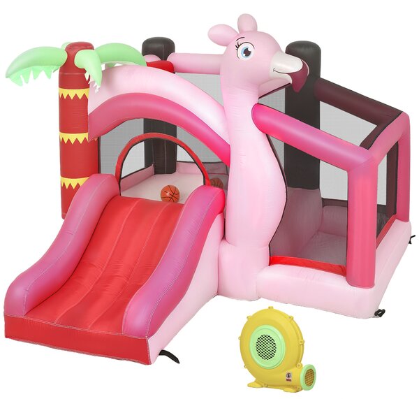 AIYAPLAY Castel Gonflabil pentru Copii 4 în 1, Tobogan, Trambulină, Piscină cu Bile, Coș de Baschet, Mingi de Baschet, Tematică Flamingo, Ventilator, Geantă de Transport, Interior Exterior, 255x230x196cm, Roz | Aosom Romania
