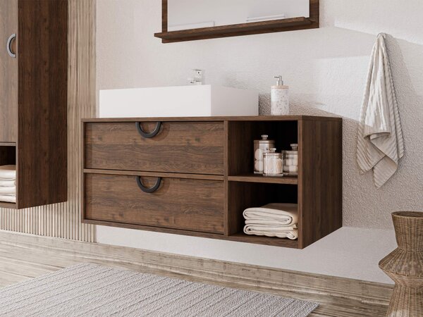 Cabinet atârnat pentru baie Sodalis, Negru, Nuc, PAL laminat, 45x100x47cm, 32 kg
