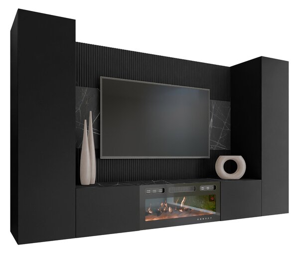 Set de living Comfivo Salix VIII, Marmură neagră, Negru, PAL laminat, 150x260x38cm, 115.5 kg