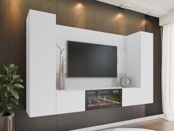 Set de living Comfivo Salix VIII, Marmură albă, Alb, PAL laminat, 150x260x38cm, 115.5 kg