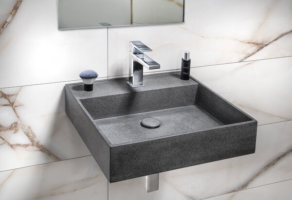 Sapho Sapho, chiuveta de blat QUADRADO din beton cu scurgere, 46x46cm, granit negru, AR468