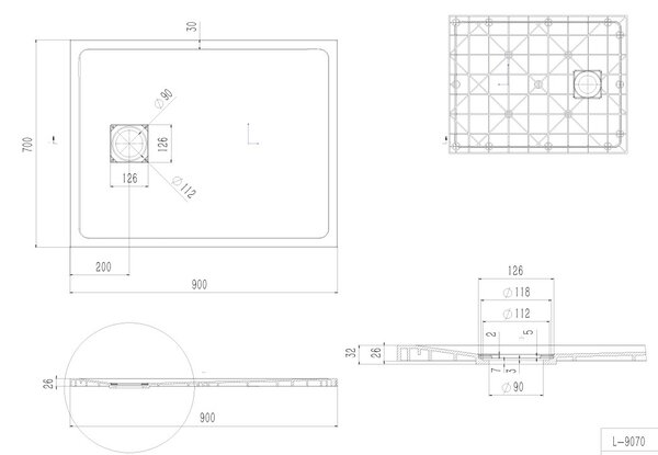 Erga Hyper, cadă de duș SMC 90x70x2,6 cm + sifon, gri mat, ERG-V06-SMC-7090S-GR