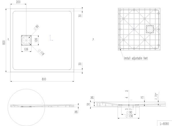 Erga Hyper, cadă de duș SMC 80x80x2,6 cm + sifon, gri mat, ERG-V06-SMC-8080S-GR