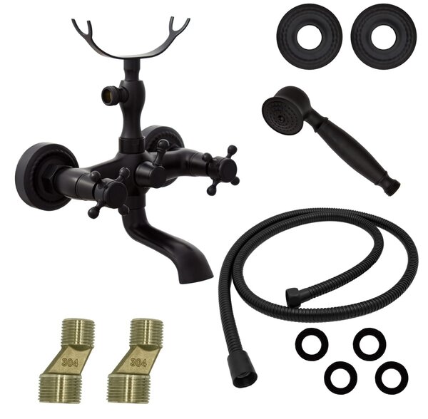 Gamma Retro, baterie pentru cada montată pe perete cu set de duș manual, negru mat, GMA-BROW-BK