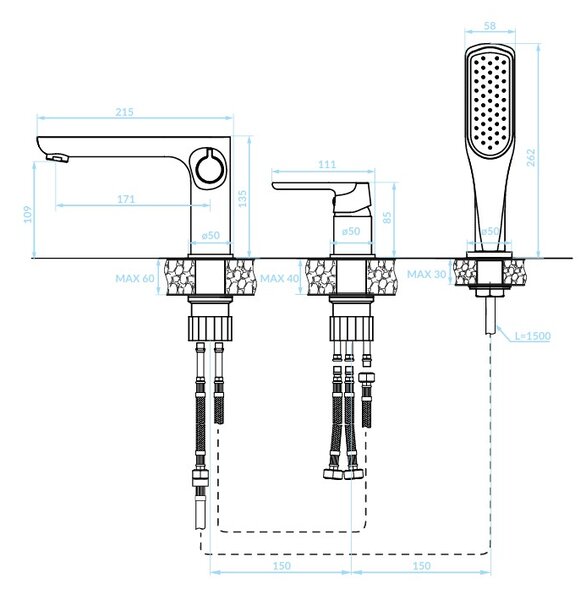 Kuchinox Dima, baterie pentru cada cu 3 orificii, alb-crom mat, LAV-BQD_613D