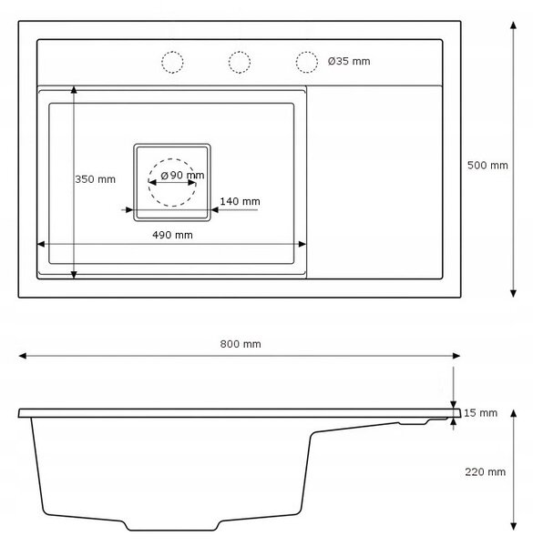 Gamma Quadro 8151, chiuvetă granit cu 1 compartiment 800x500x220 mm, alb, GMA-ZLE000183
