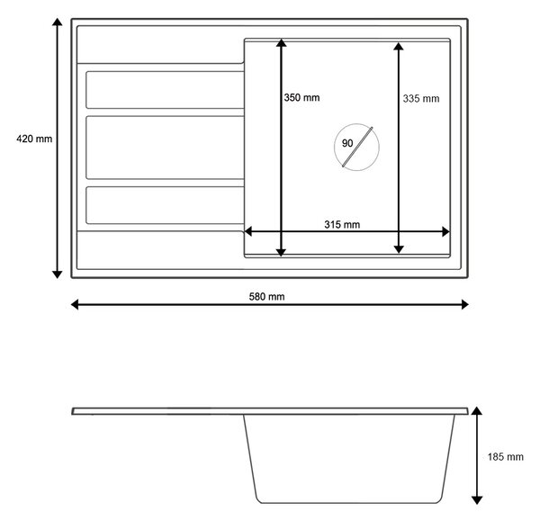Gamma Modern 6040, chiuvetă din granit cu 1 vas 580x420x185 mm cu scurgere scurtă, negru, GMA-ZM-6040-BK