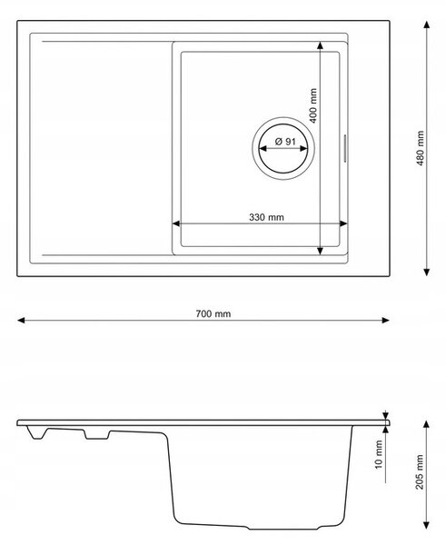 Gamma Design 7050, chiuvetă granit cu 1 compartiment 700x480x205 mm, alb, GMA-ZLE000137