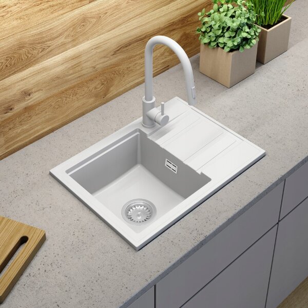 Gamma Modern 6040, chiuvetă din granit cu 1 vas 580x420x185 mm cu scurgere scurtă, alb, GMA-ZM-6040-WH