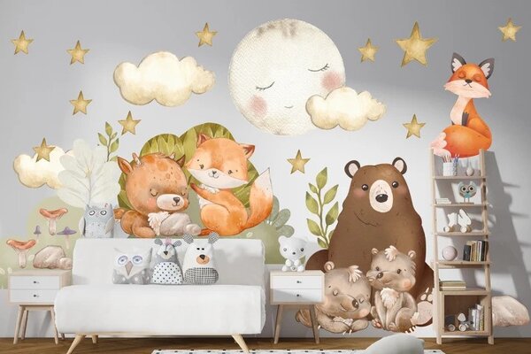 Autocolant de perete pentru copii animale din pădure și cer de noapte 100 x 200 cm