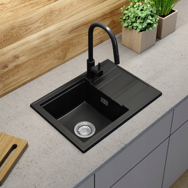 Gamma Modern 6040, chiuvetă din granit cu 1 vas 580x420x185 mm cu scurgere scurtă, negru, GMA-ZM-6040-BK