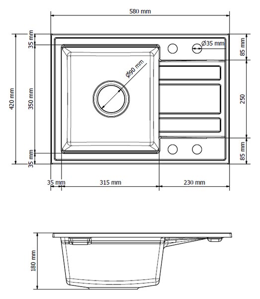 Gamma Modern 6040, chiuvetă din granit cu 1 vas 580x420x185 mm cu scurgere scurtă, negru cu puncte aurii, GMA-ZM-6040-GD