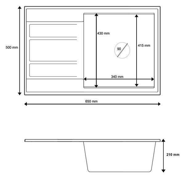 Gamma Modern 6550, chiuvetă din granit cu 1 vas 650x500x210 mm cu scurgere scurtă, neagră cu puncte aurii, GMA-ZLE000093