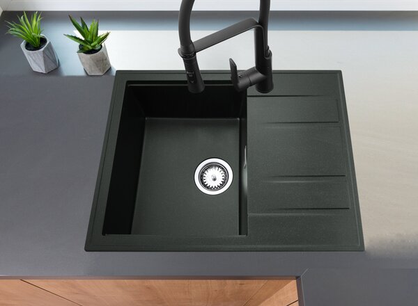 Gamma Modern 6550, chiuvetă din granit cu 1 vas 650x500x210 mm cu scurgere scurtă, neagră cu puncte aurii, GMA-ZLE000093