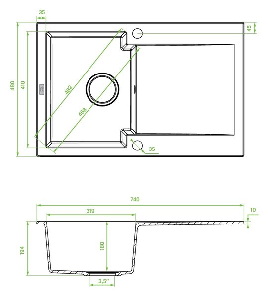 Kuchinox Chichi, chiuvetă din granit cu 1 compartiment 740x480x194 mm, negru pătat, LAV-SBH_711Y