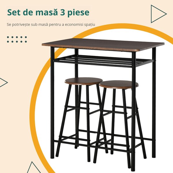 Masa Inalta cu 2 Scaune HOMCOM pentru Bucatarie Spatiu Bar, Suport pentru Picioare si Raft | Aosom Romania