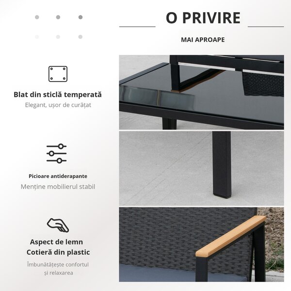 Outsunny Set Mobilier de Grădină din Ratan din 2 Scaune cu Brațe pentru Terasă, Bancă și Masă de Cafea, 80x42x37 cm, Negru | Aosom Romania