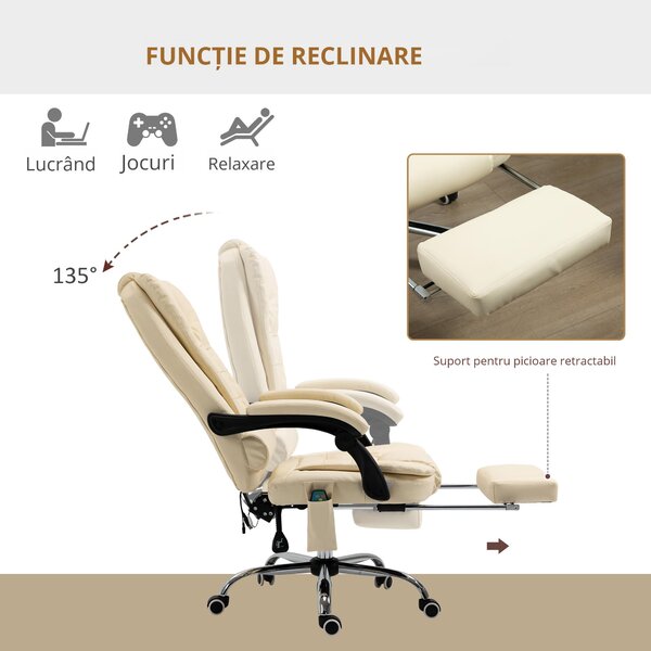 Vinsetto Fotoliu Pivotant și Ergonomic cu Masaj, Înălțime Reglabilă, 6 Puncte de Vibrație, 65x160x104 cm, Crem | Aosom Romania