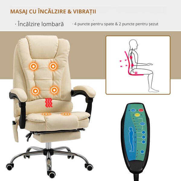 Vinsetto Fotoliu Pivotant și Ergonomic cu Masaj, Înălțime Reglabilă, 6 Puncte de Vibrație, 65x160x104 cm, Crem | Aosom Romania