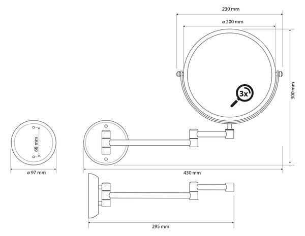 Sapho Sapho, oglindă cosmetică suspendată X-ROUND E, diametru 200 mm, față-verso, crom, XR010