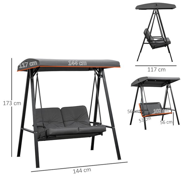 Outsunny Balansoar de Grădină 2 Locuri cu Acoperiș Reglabil și Perne, 144x117x173 cm, Gri Închis | Aosom Romania