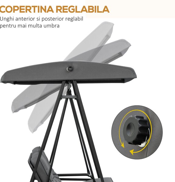 Outsunny Balansoar de Grădină 2 Locuri cu Acoperiș Reglabil și Perne, 144x117x173 cm, Gri Închis | Aosom Romania