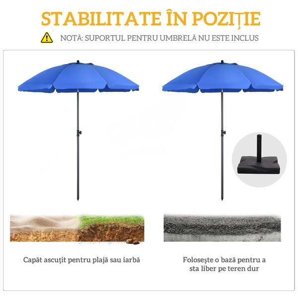 Outsunny Umbrelă de Soare pentru Plajă cu Tetieră care se Înclină la 45° și Design în 2 Secțiuni, Ø180x209 cm, Albastru | Aosom Romania