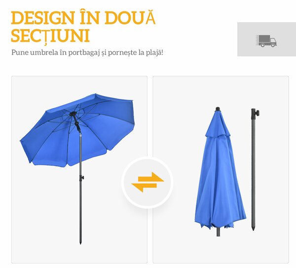 Outsunny Umbrelă de Soare pentru Plajă cu Tetieră care se Înclină la 45° și Design în 2 Secțiuni, Ø180x209 cm, Albastru | Aosom Romania
